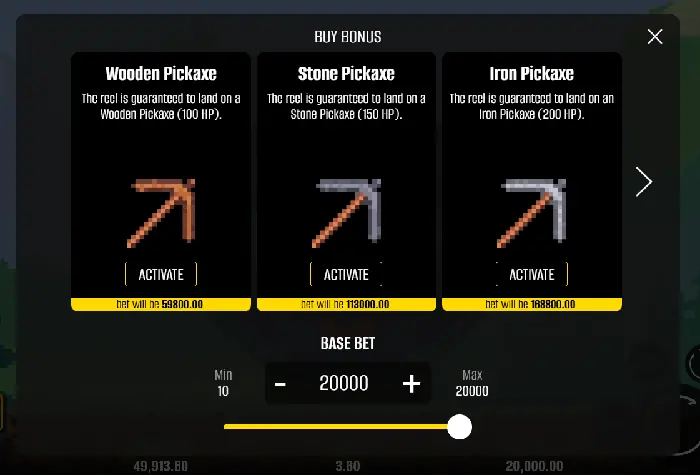 Bonus Buy Menü in Falling Pickaxe